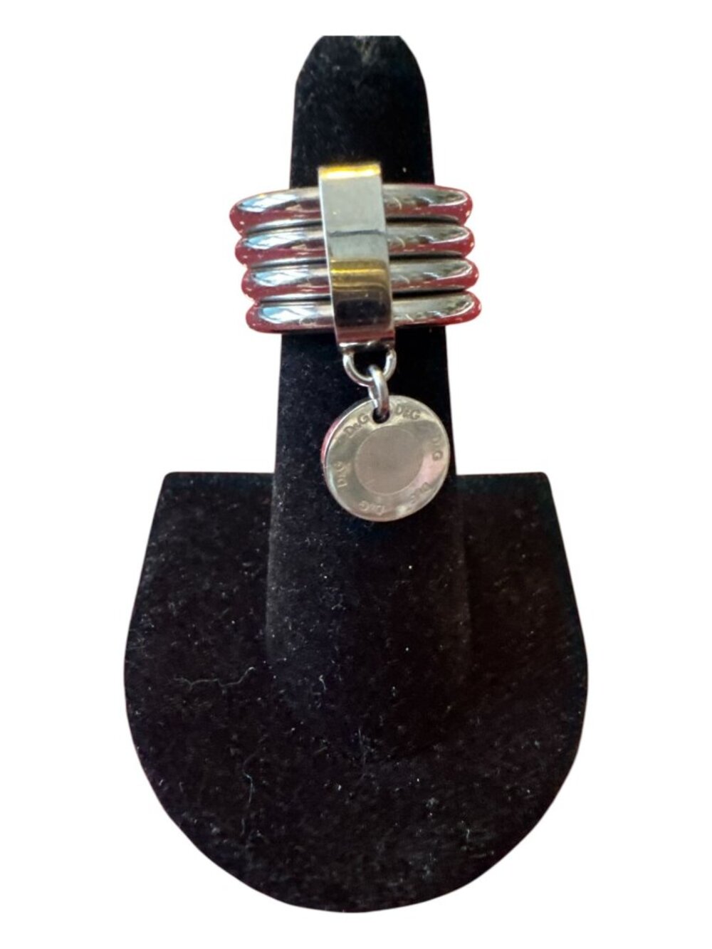 Dolce & Gabbana Silver-Tone Multi-Band Ring With Logo Charm Pendant Modern Style